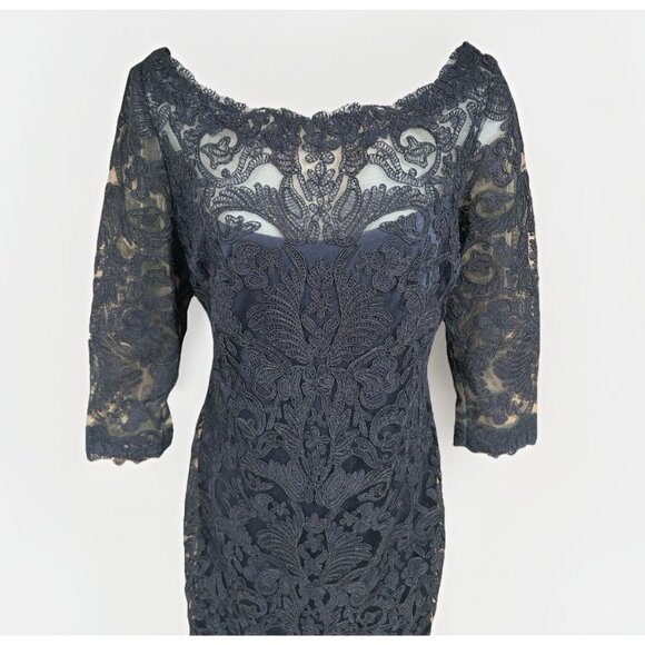 TADASHI SHOJI $473 Navy Lace Illusion Lined Evening Dress Size 10 Wedding Guest - Picture 4 of 10